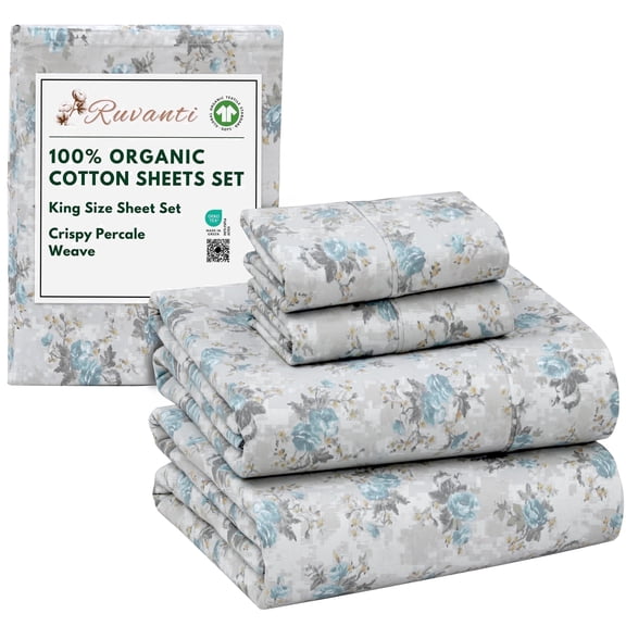 RUVANTI 100% Organic Cotton Sheets - King Size Sheet Set - 4 Piece Percale Weave Bedding, Crisp, Cooling & Breathable, Soft & Durable, 16" Deep Pocket, Hotel Quality Sábanas - Blue Rose
