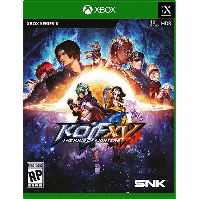 the king of fighters xv xbox series x | xbox one xbox series x xbox series x Nuevo videojuego para Xbox Series X, carátula frontal con varios luchadores en poses dinámicas sobre fondo cósmico y un sol naranja central, logotipo grande KOF XV en la parte baja y los iconos de 4K HDR y SNK visibles.