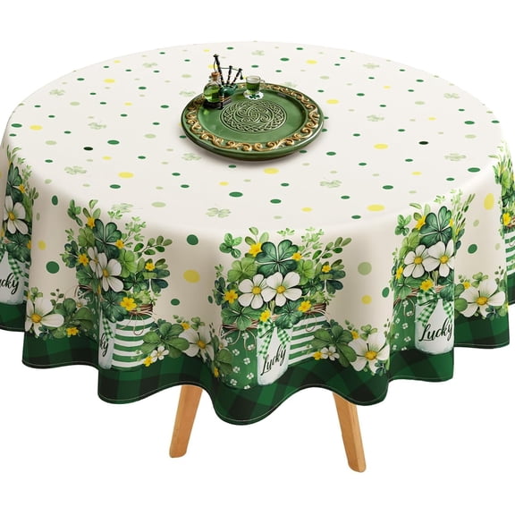 St. Patricks Day Tablecloth Waterproof Irish Shamrock Table Cloths, Four Leaf Clover Table Cover for St Patricks Day Indoor Outdoor Decorations-60 * 60" Round