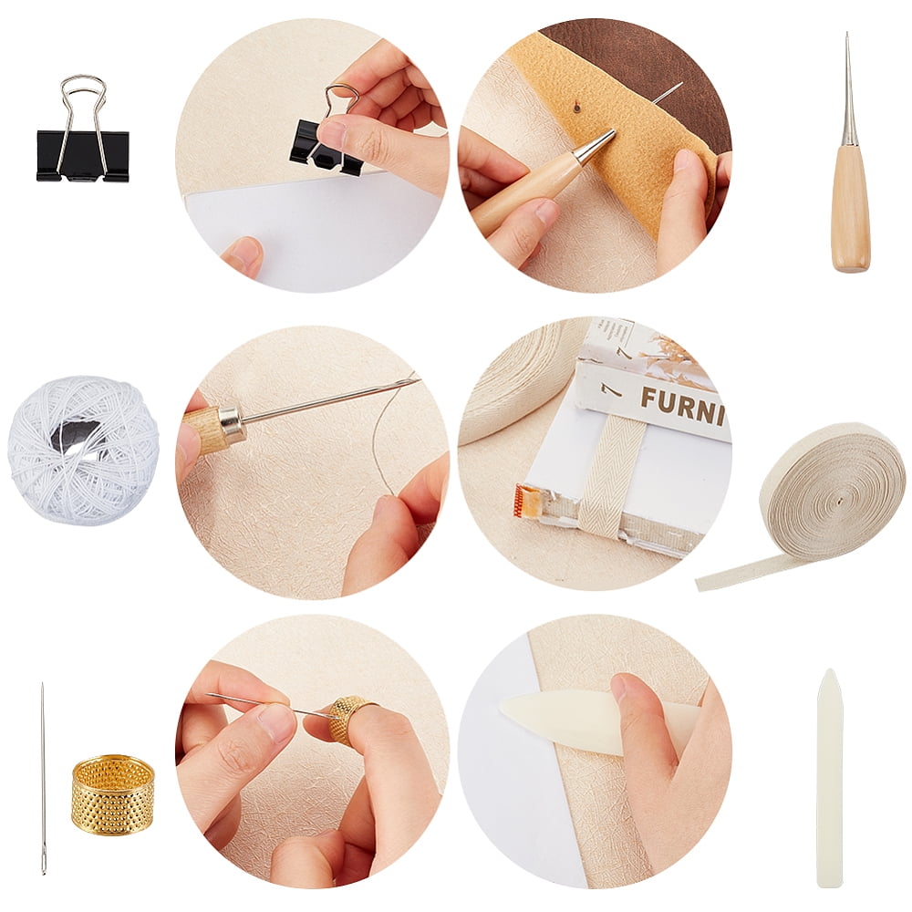 Book Binding Tool Kits Bookbinding Starter Tools Set with Needles Scissor Awl Tracing Wheel Tape Measure Thimble Cotton Threads Ribbon