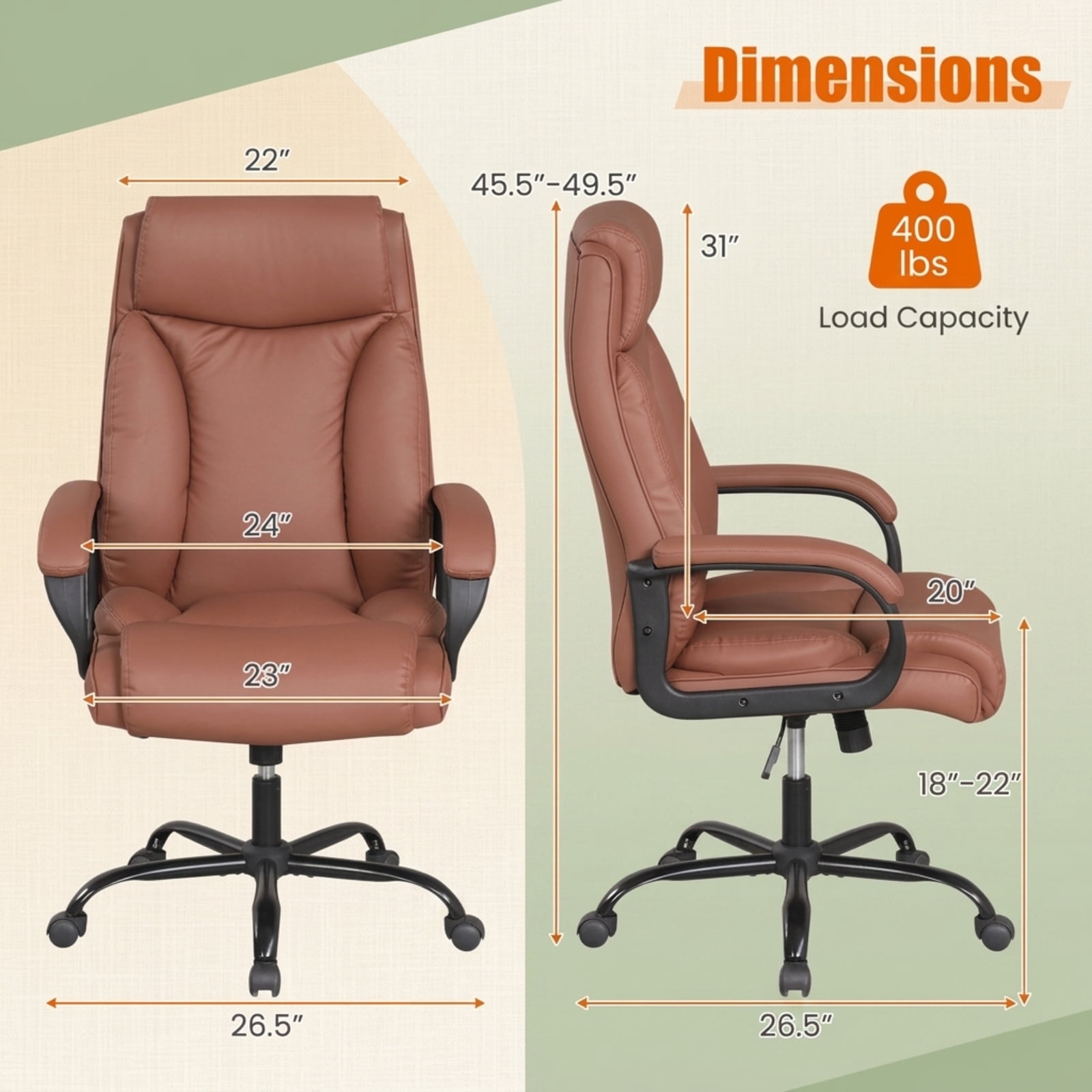 Furnibear Big and Tall Office Chair 400lb High Back Executive Computer Chair with PVC Leather Rocking Backrest and Swivel Seat, Brown