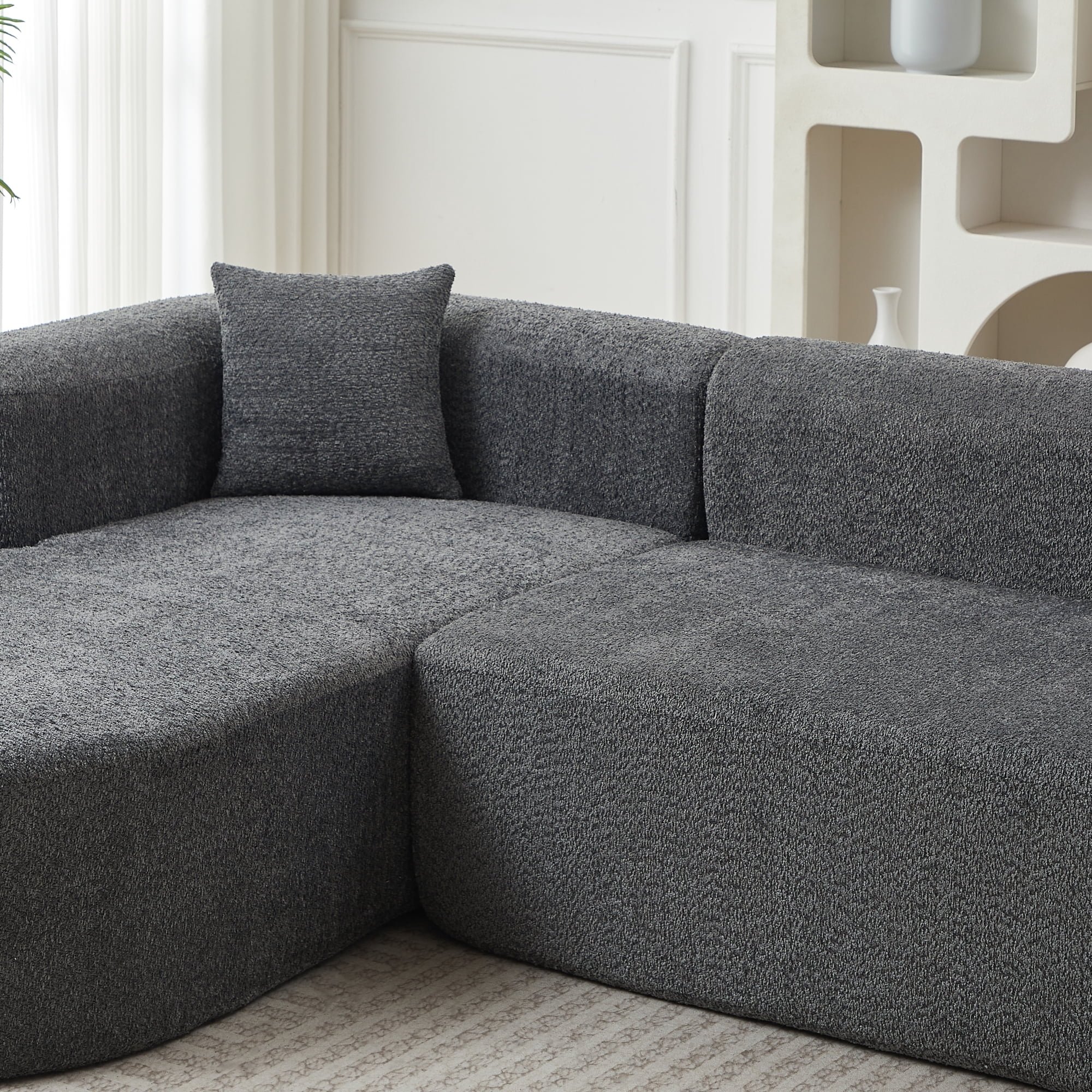 Leumius 109.4" Modern L-Shape Modular Sectional Sofa, Luxury Modern Curved Back Sofa with 2 Throw Pillows, Minimalist Boneless Cloud Couch Gray