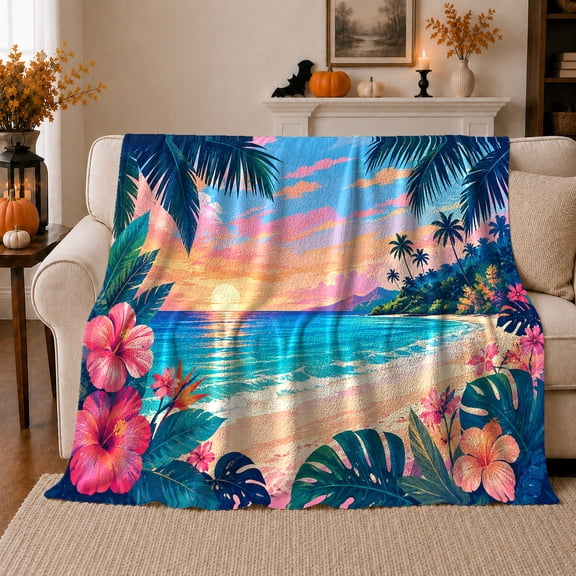 Tropical Sunset Ocean View Hibiscus Flowers, Peaceful Coastal Landscape Scene, Warm Flannel Blanket for Beach House and Living Room, Beach Lovers Valentine's Day Gift, Coastal Home Decor
