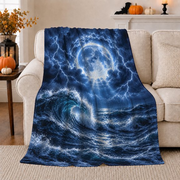 Stormy Ocean Wave Moonlit Lightning, Mystical Coastal Landscape Scene, Warm Flannel Blanket for Beach House and Living Room, Beach Lovers Housewarming Gift, Coastal Home Decor