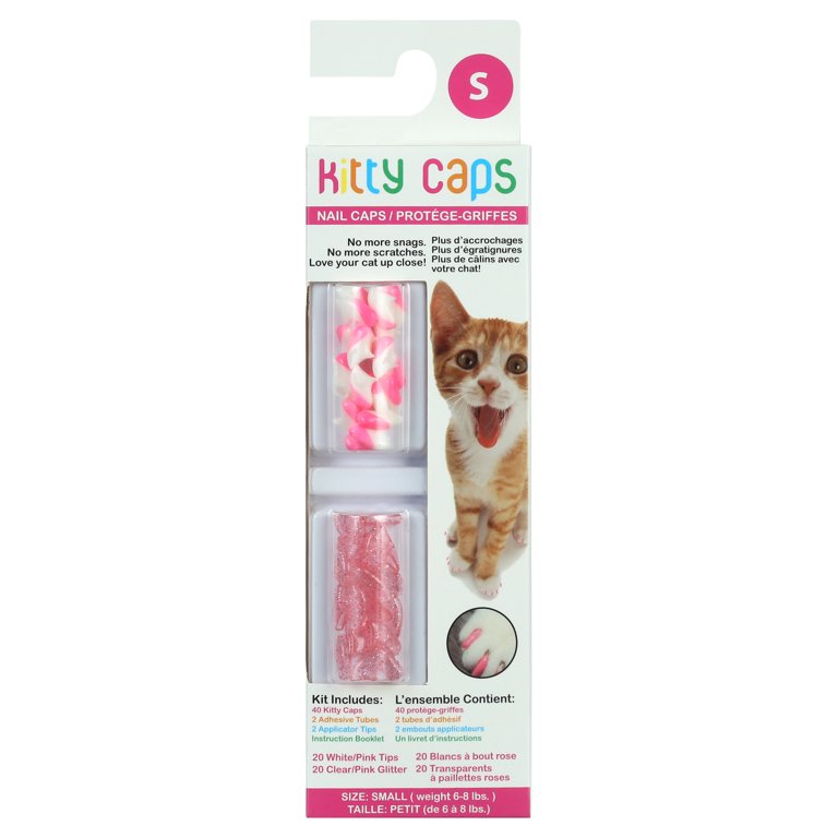 Kitty Caps Cat Nail Caps, X-Small, White with Pink Tips & Clear with Pink Glitter