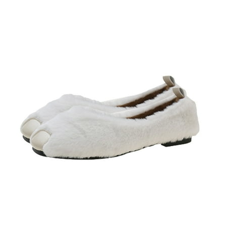 Sexlip Women s Plus Size Faux Fur Shoes Flats Comfortable Soft Fuzzy Warm Indoor Outdoor Winter House Casual Plush Shoes White 36
