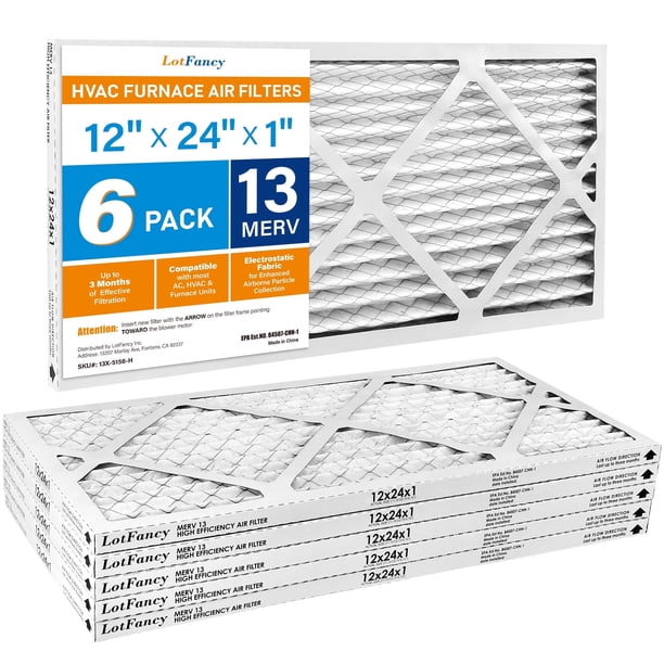 LotFancy Filtros de Aire 12x24x1, Filtros de Aire para Horno HVAC AC Plisados MERV 13, Paquete de 6