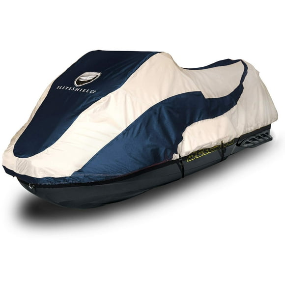 EliteShield Trailerable Jet Ski Cover, Heavy Duty Waterproof Marine Grade 600D Solution-Dyed Polyester PWC Cover, Fits Stand-up Jet Ski, Two Tone Navy/Gray Color