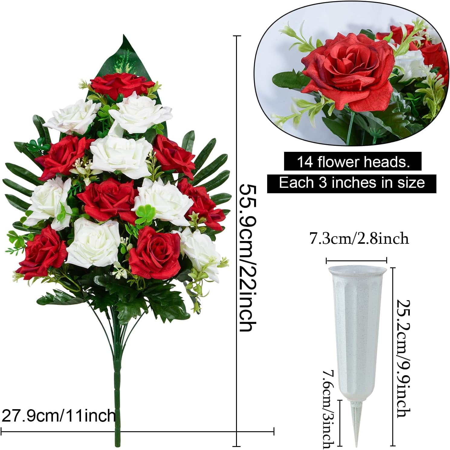Artificial Cemetery Flowers, Memorial Rose Flowers Grave Decoration Flower Bouquets with Vase for Cemetery Graveyard Headstones Decor, Set of (Red&White)