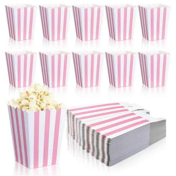 48 pcs Pastel Pink Popcorn Boxes Small Large Pink and White Striped Paper Popcorn Bags Candy Containers for Birthday Party Favor Supplies(4 x 3 Inches, Small)