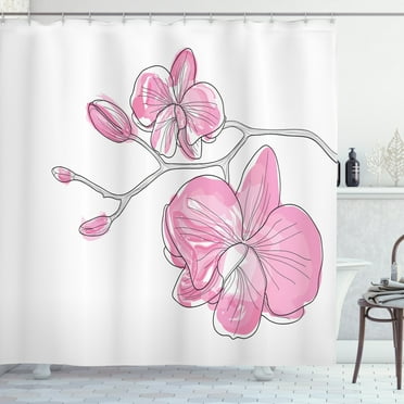 Ambesonne Orchids Shower Curtain, Simple Hand-drawn Flowers, 69"Wx84"L, Pale Pink White