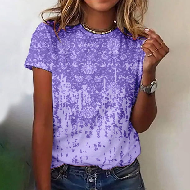ICHUANYI Clearance Women's Fashion Printed T-shirt Short Sleeves Blouse Round Neck Casual Tops(Purple, L) ICHUANYI WER2023080703523