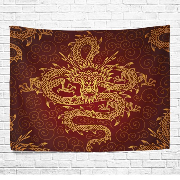 POPCreation Chinese Dragon Home Decor Collection , Oriental Style Yellow Wall Art Polyester