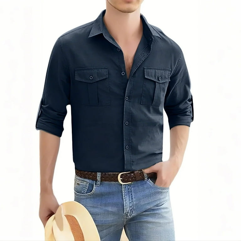 Domuza Mens Long Sleeve Linen Shirt Casual Breathable Button Down