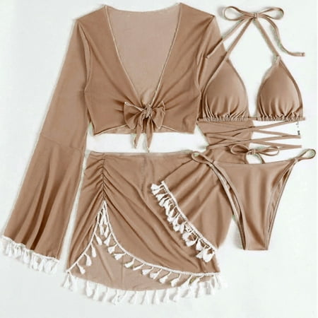 Tawop Women s Swimwear Womens Swimwear Cover Up 4 Piece Bikini Tassel Mesh Beach Clearance Swimsuits Coffee Xl