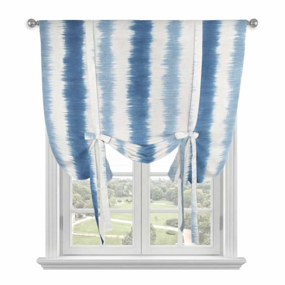 Navy Blue Striped Tie Up Curtains for Kitchen Windows,Adjustable Rod Pocket Valance 45 Inch Short, Watercolor Abstract Vertical Stripes Ombre Window Treatment Balloon Roman Blind Shade, 42" x 45"