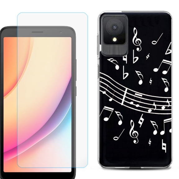 For TCL K11 Phone Case Cover, Shockproof Case with Tempered Glass Screen Protector, by OneToughShield - Music Notes / Black