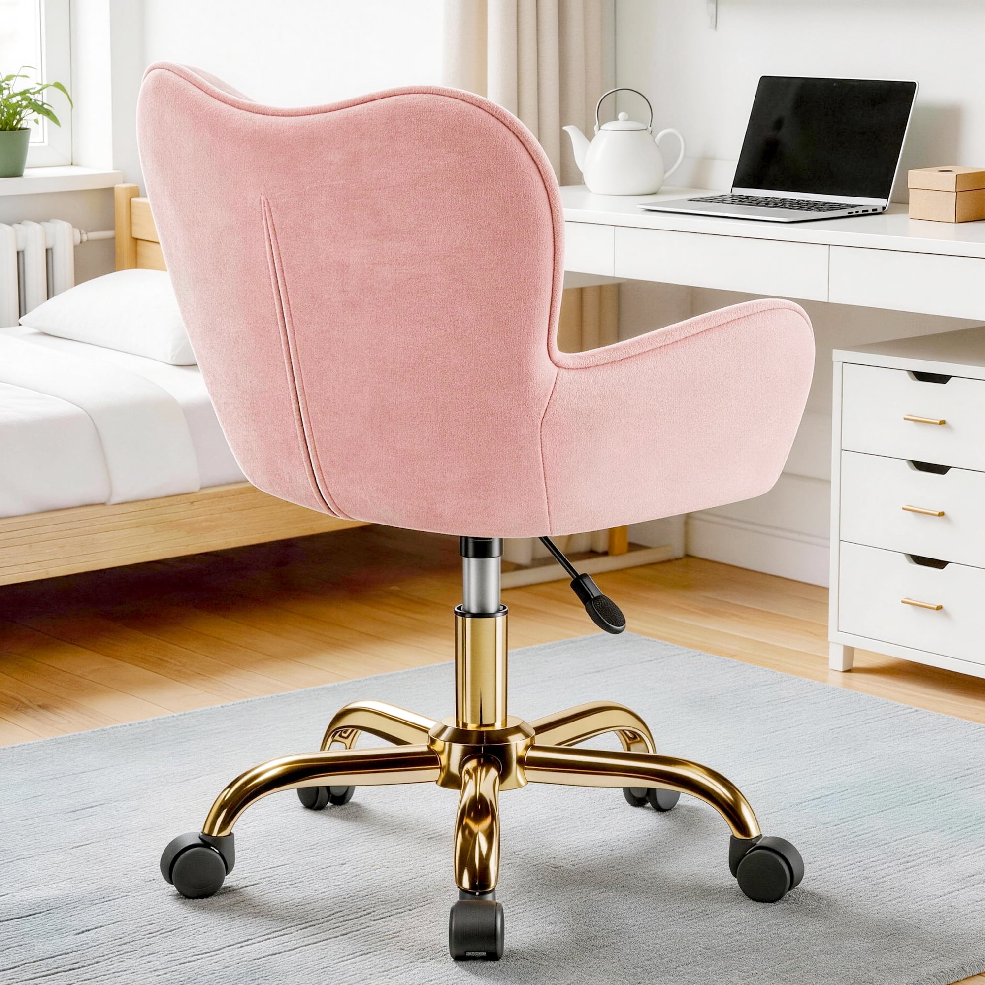 COOHUT Velvet Vanity Chair, Mackup Chair with Wheels, Comfy Swivel Modern Leisure Armchair for Girls Women, Small Office Chair Height Adjustable for Living Room, Bedroom, Offic, Pink