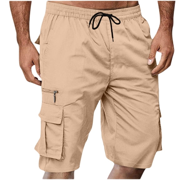 hoksml Men's Drawstring Elastic Waist Cargo Shorts, Multi Pocket Knee Length Casual Shorts for Outdoor Hiking Daily Wear