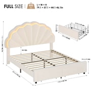 Homfa Full LED Bed Frame with Storage Drawers, Velvet Upholstered Bed with Adjustable Petal Headboard, No Box Spring Needed, Beige
