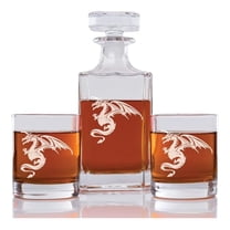 Dragon Engraved Decanter Set - Abby Smith 3pc Whiskey Glasses & Decanter - 750ml Decanter, 10oz Rocks Glasses - Etched Glass Drinkware Gift Set