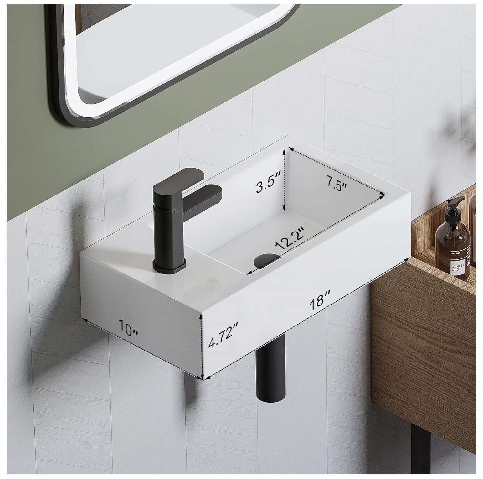 Small Bathroom Sink, CodYinFI 18" x10" Wall Mount Sink Rectangle White Porcelain Ceramic Vessel Sink for Tiny Bathrooms (Left Hand)
