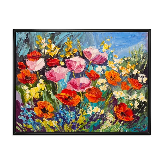 Designart 'Colorful Spring Poppies In Field' Traditional Framed Canvas Wall Art Print