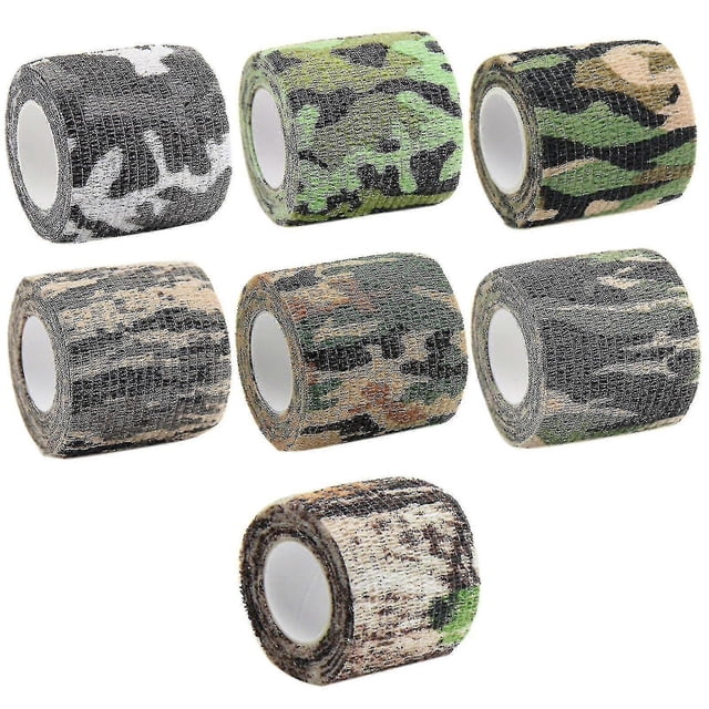 Cinta de camuflaje, 7 rollos, vendaje elástico no tejido autoadhesivo multifuncional para escopetas, caza, camping, envoltura protectora (7 colores)
