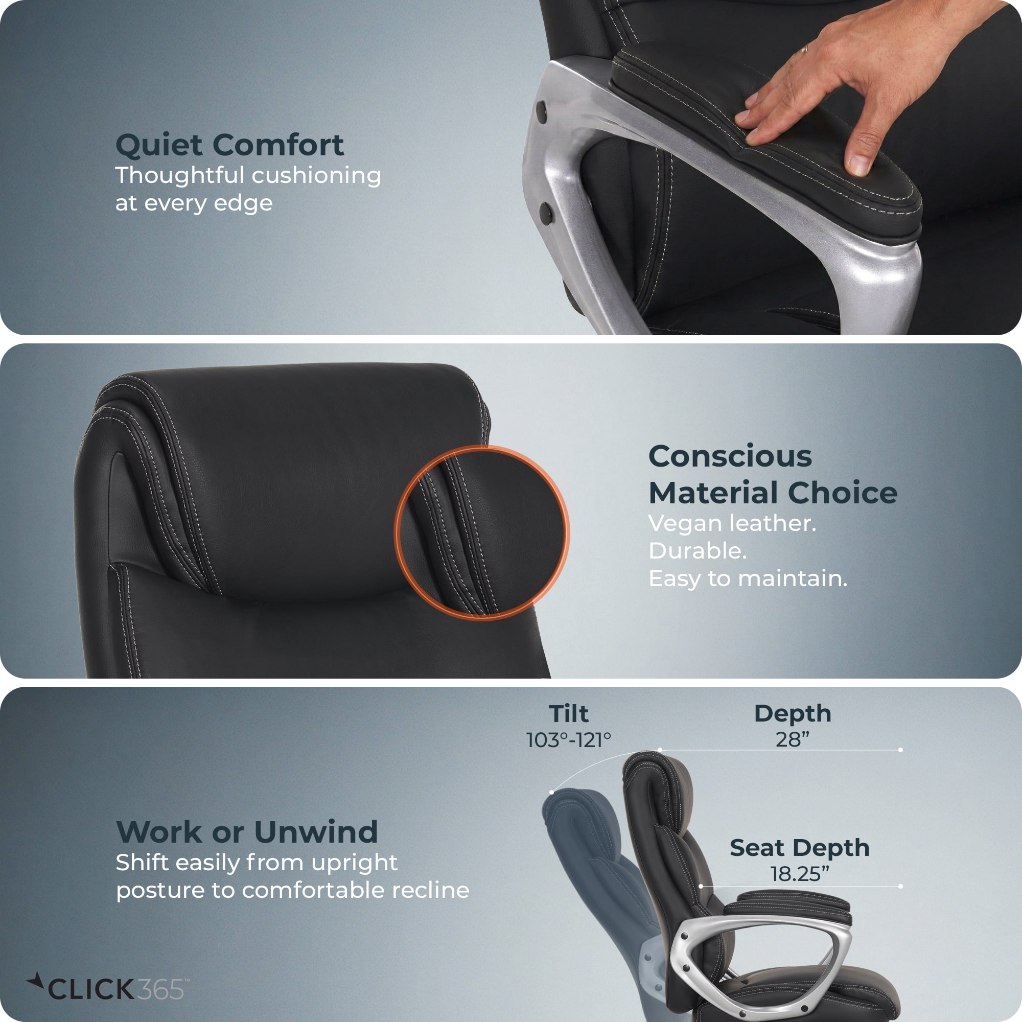 Click365 Classic Comfort Mid-Back Manager Office Chair, PU Leather Desk Chair with Padded Arms, Adjustable Height & Tilt, 275 lb Capacity, Black