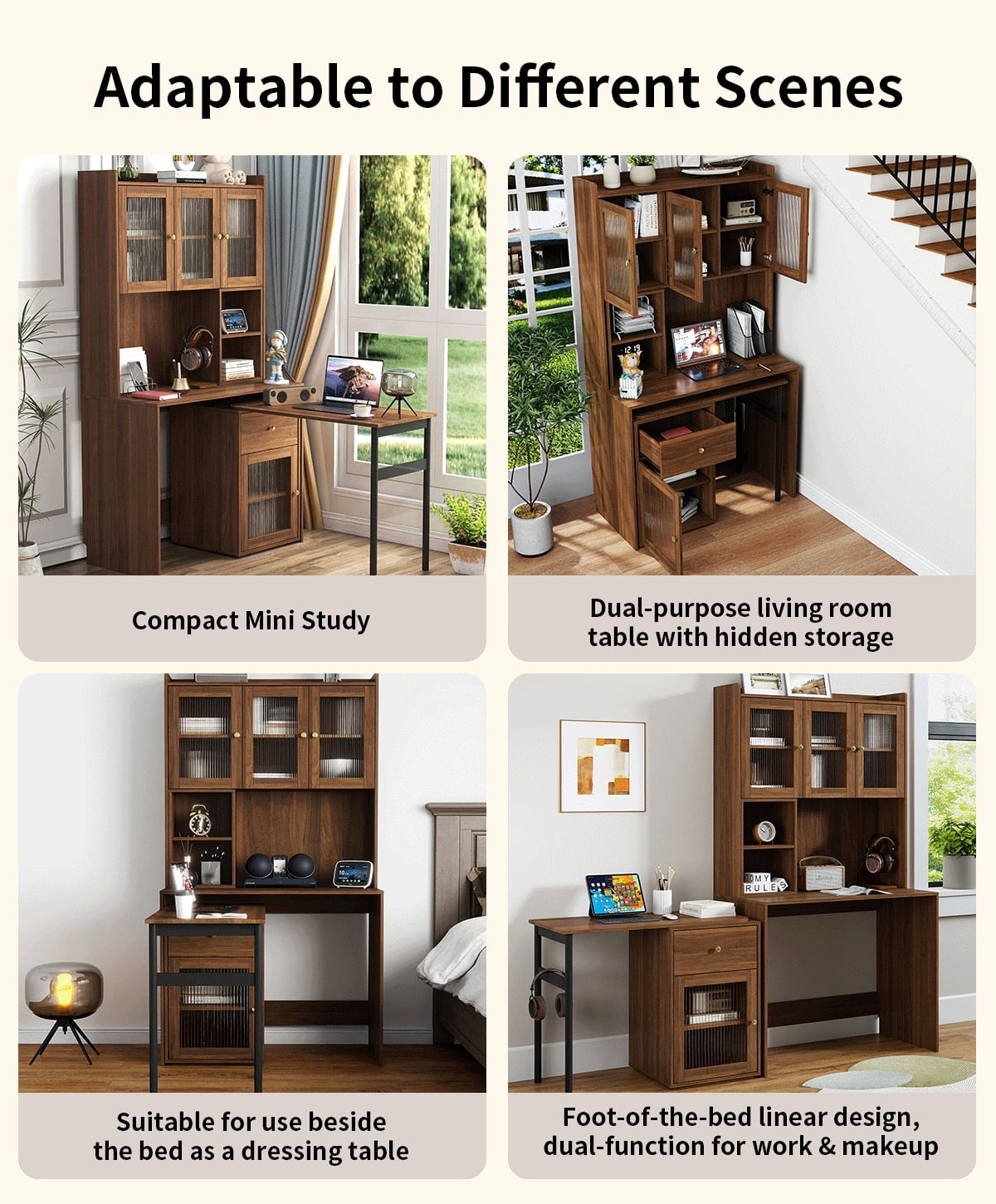 Euroco Computer Desk with glass door for Home Office or Study desk, Bookshelf & Hutch, Computer Desk with 90 Degree Rotating Desktop,Large Working Space