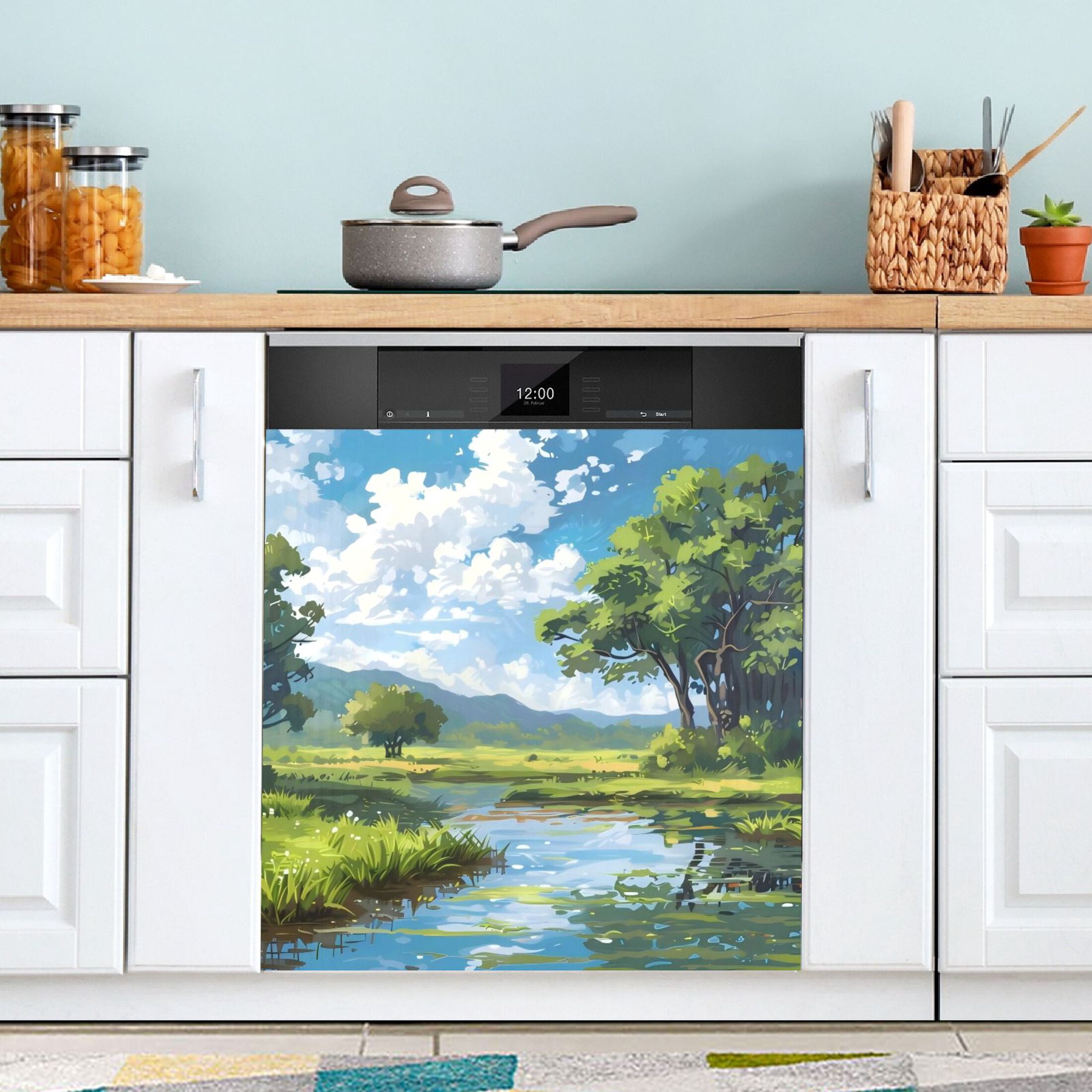 Dishwasher Magnetic Sticker 23x26 Inch Refrigerator Magnetic Sticker Washing Machine Magnetic Sticker Kitchen Panel Magnetic Sticker Home Decor Rivers Trees White Clouds