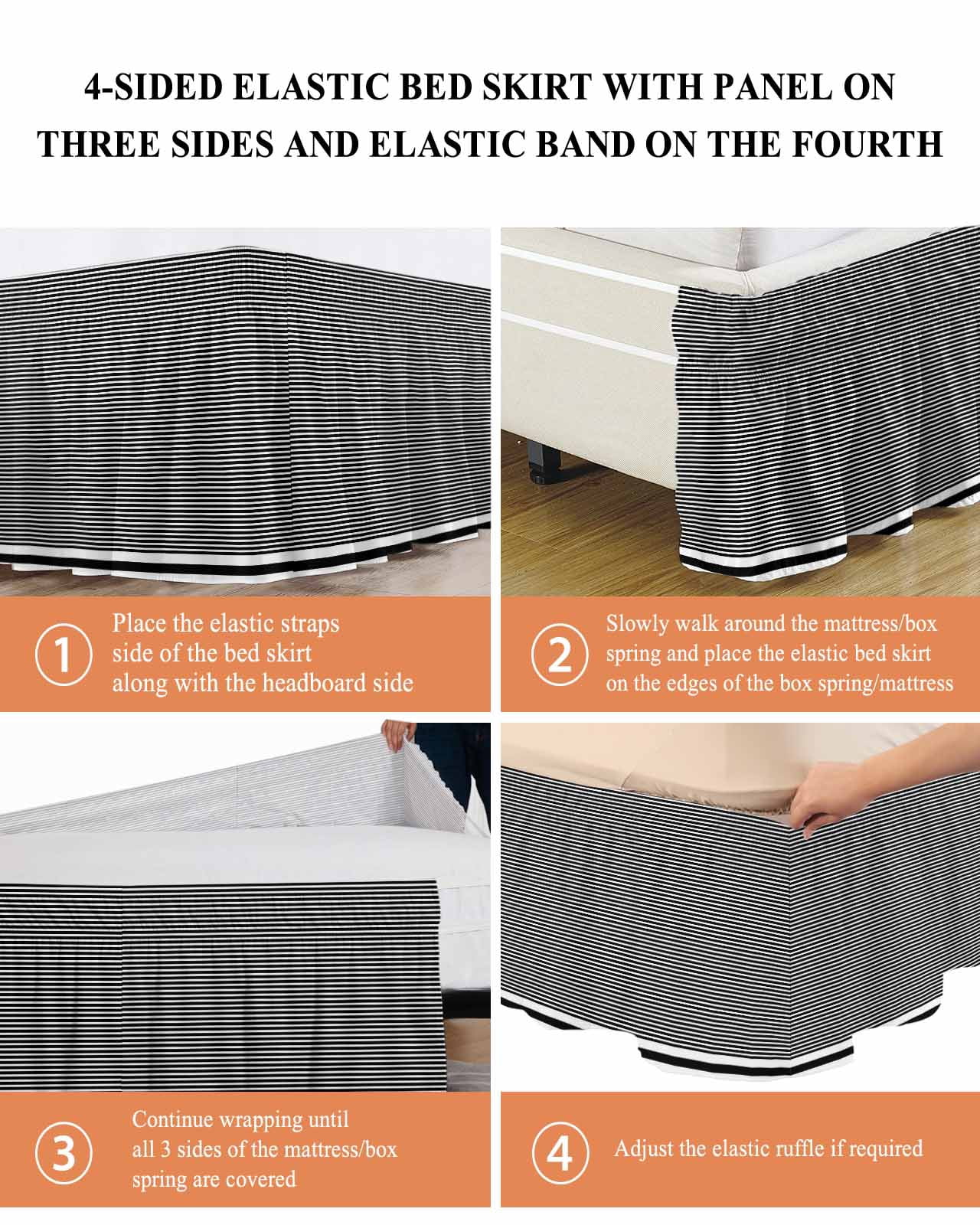 Farmhouse Black White Striped Bed Skirt King Size, Modern Stripes Wrap Around Bed Skirting with Adjustable Elastic Strap, Dust Ruffled Pleated Bedskirts 18 Inch Drop for Bedroom King Beds