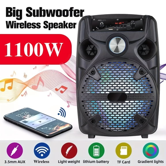 1100W Portable Bluetooth PA Speaker with 8" Subwoofer, LED Lights, Rechargeable Battery, USB/SD/AUX, Includes Stand & Mic for Outdoor Party