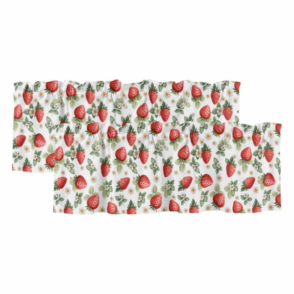 Red Strawberry Valances for Windows, Summer Fruits Farmhouse Leaves Floral Rustic Light Filtering Kitchen Curtains, Rod Pocket Window Valance Curtains for Living Room Bedroom, 42" W x 18" L, 2 Panels