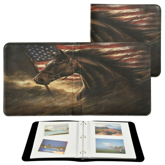 WOBOGO American Flag Horse Photo Albums 20 Pages Large Capacity DIY Self-adhesive Page PU Leather Cover for Family Wedding Anniversary Baby Vacation Photos 24×11.8in