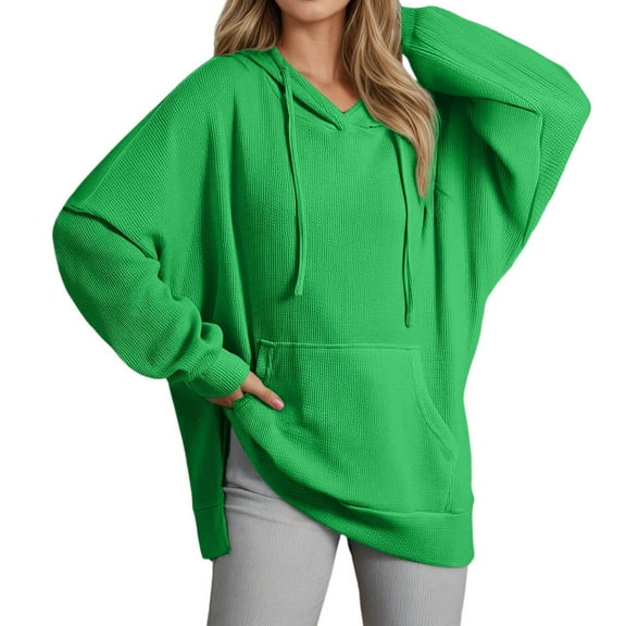 Fiaer,Loose Fit Side Split Drawstring Hoodies for Women,Womens Plus Size Irregular Hem Casual Trendy Solid Long Sleeve Spliced Hooded Sweatshirts with Pocket Green XL