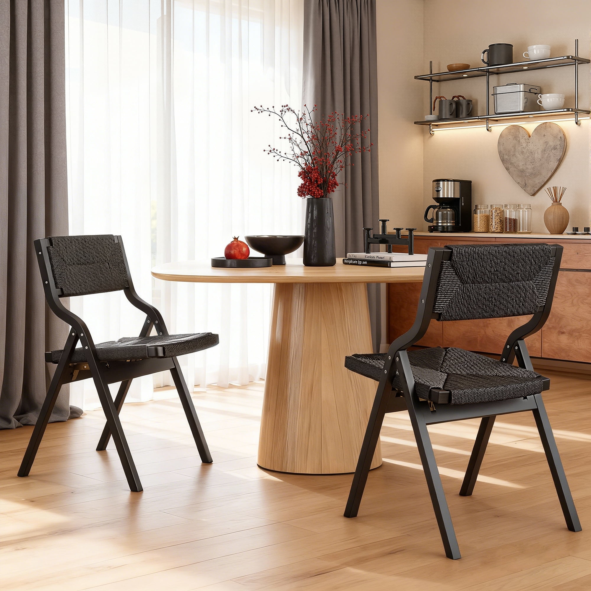 MAYEERTY 2-Set Wood Foldable & Stackable Dining Chairs for Dining Room, Woven Seat & Back, Black