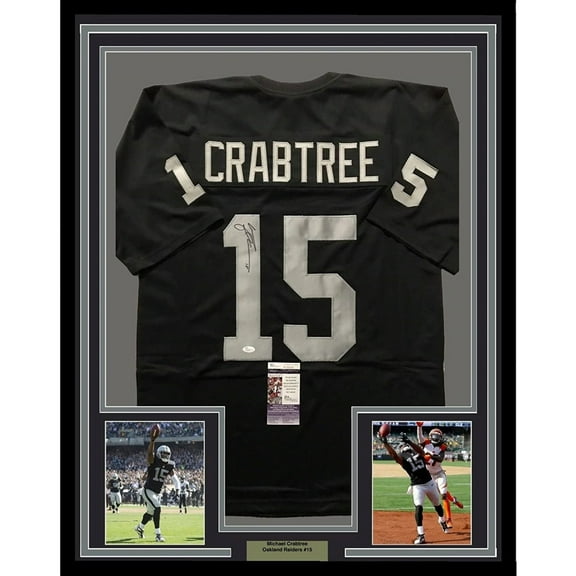 Framed Autographed/Signed Michael Crabtree 35x39 Oakland Raiders Black Football Jersey JSA COA