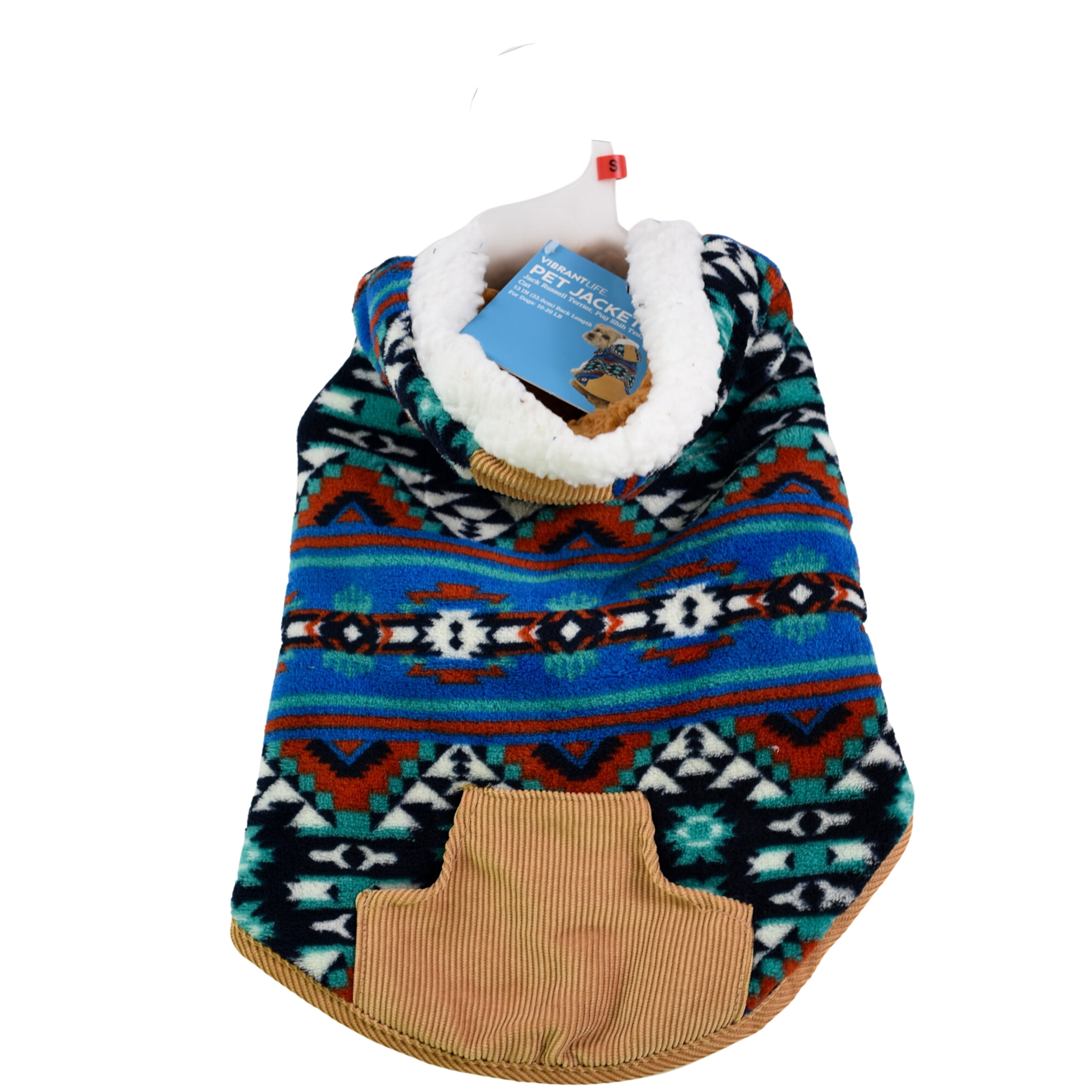 Vibrant Life Dog Clothes: Blueprint Fleece Hooded Jacket with Corduroy Trim, S