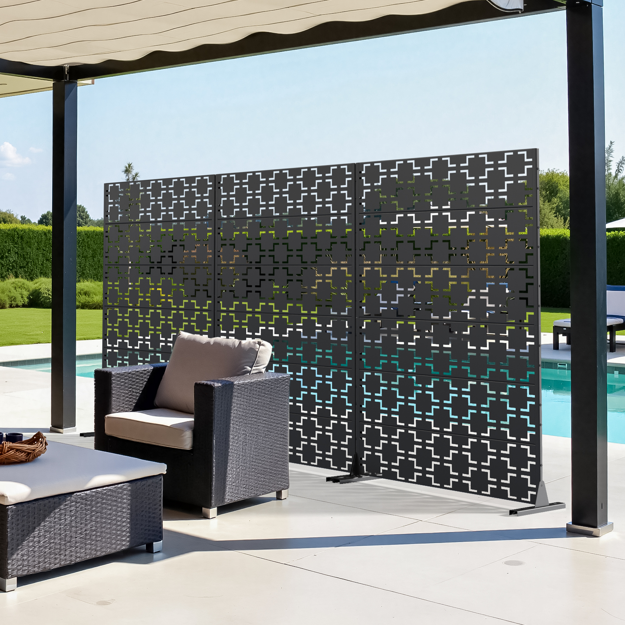 MAYEERTY 2-Piece 72×47" Outdoor Black Metal Privacy Panel Screen for Backyard & Garden, Geometric Square Pattern
