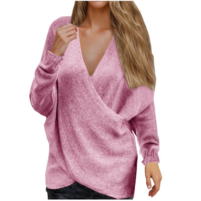 cfhntfmh Womens V-Neck Wrap Sweaters Long Sleeve Front Cross Loose Knitted Pullover 2024 Fall Winter Clothes
