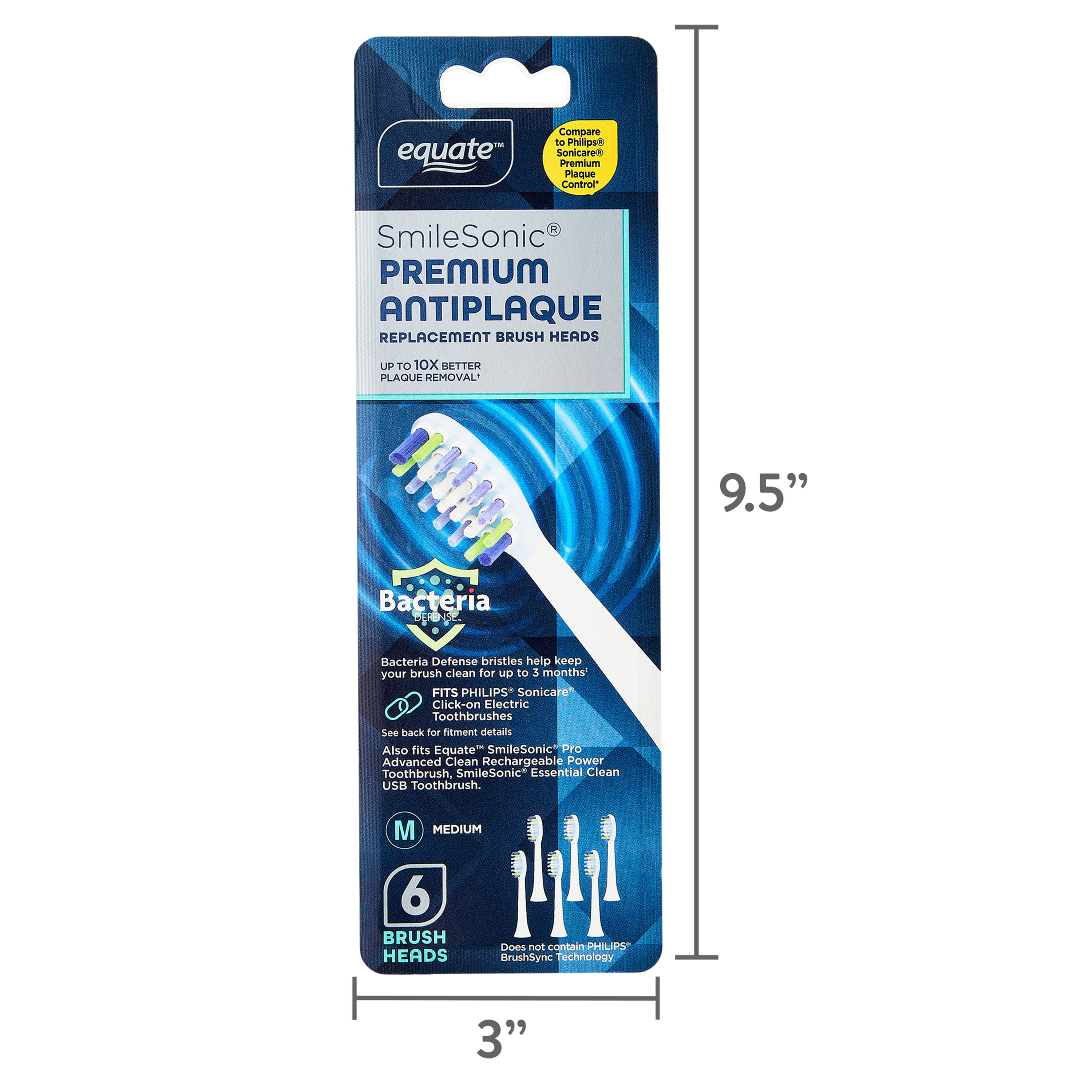 Equate SmileSonic Premium Antiplaque Electric Toothbrush Replacement Heads, 6 Count