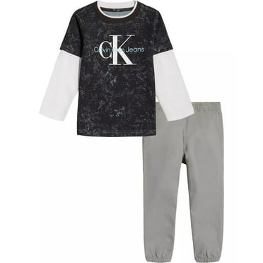 Calvin Klein BLACK/GRAY Boy Twofer Logo T-shirt & Twill Joggers, 2 Pc Set. US 2T