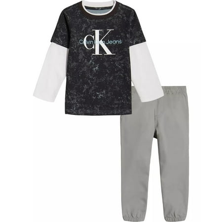 Calvin Klein BLACK/GRAY Boy Twofer Logo T-shirt & Twill Joggers, 2 Pc Set. US 2T