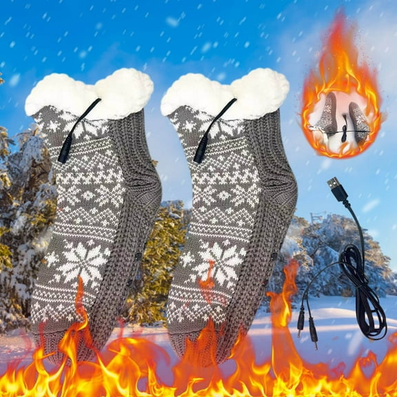 Kchsji Heated Socks Men Women Electric USB Warm Winter Socks For Christmas Outdoor Indoor Wear Soft Stretchable Foot Warmer Temperature Adjustable Battery-Powered Long-Lasting Heat