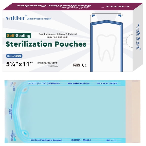 Vakker Bolsas de Esterilización con Autosellado para Uso Dental, de 5,25" x 11", 200 Unidades, Bolsa para Esterilizador en Autoclave, VKSP05