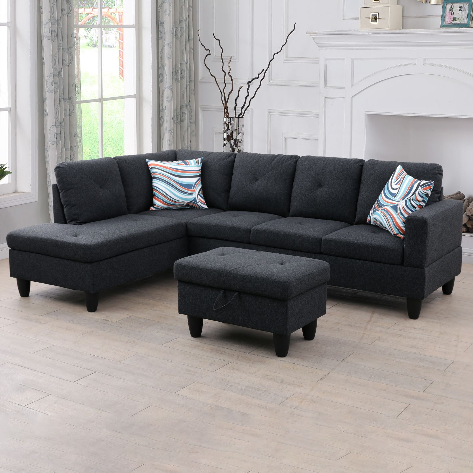 97" L Shape Sofa Couches, Sectional Couch with Storage Ottoman,Modular Sofa with Chaise for Living Room, Apartment, Dark Grey