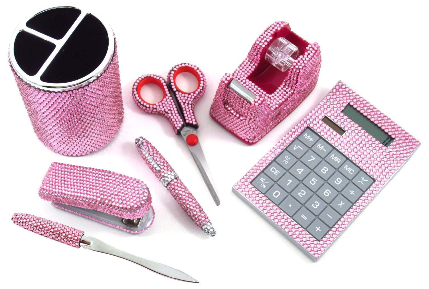 7 Piece Light Pink Crystal Office Supply Set Pen Scissors Calc 7 Piece Light Pink Crystal Office Supply Set Pen Scissors Calc Dispenser Stapler Com