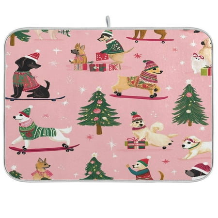 qxltty A Pink Background with Dogs in Christmas Costumes Kitchen Drying Mat Extremely Absorbent Microfiber Dish Mats for Plates Cutlery Pots and Pans 16×18in