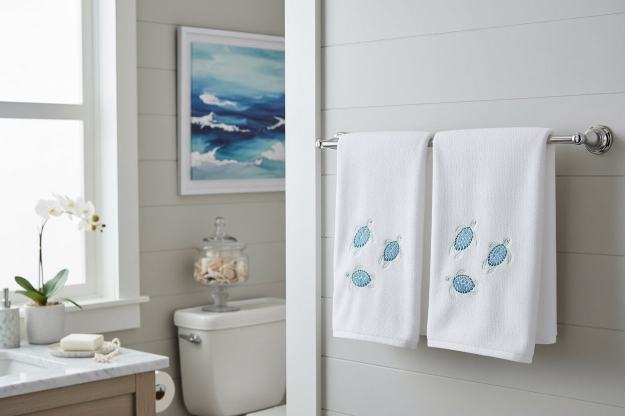Serafina Home Turtle Bath Towels: Summer Nautical Soft Absorbent Guest Sea Turtle Decor: Aqua Blue Turquoise Embroidery Design, 2 Piece 27" x 54"Inches